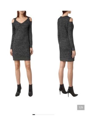 All Saints Charcoal Cold-Shoulder Knit Dress